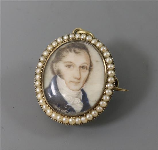 A 19th century yellow metal and split pearl set portrait miniature pendant brooch, 24mm.